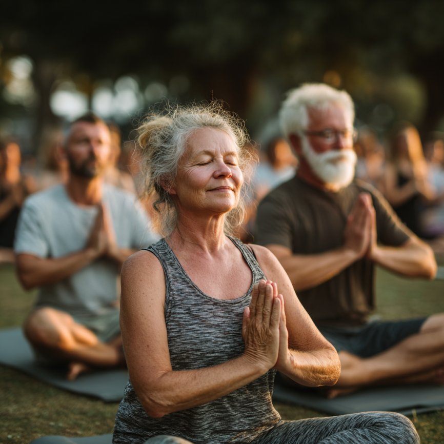 Възрастна жена практикува йога